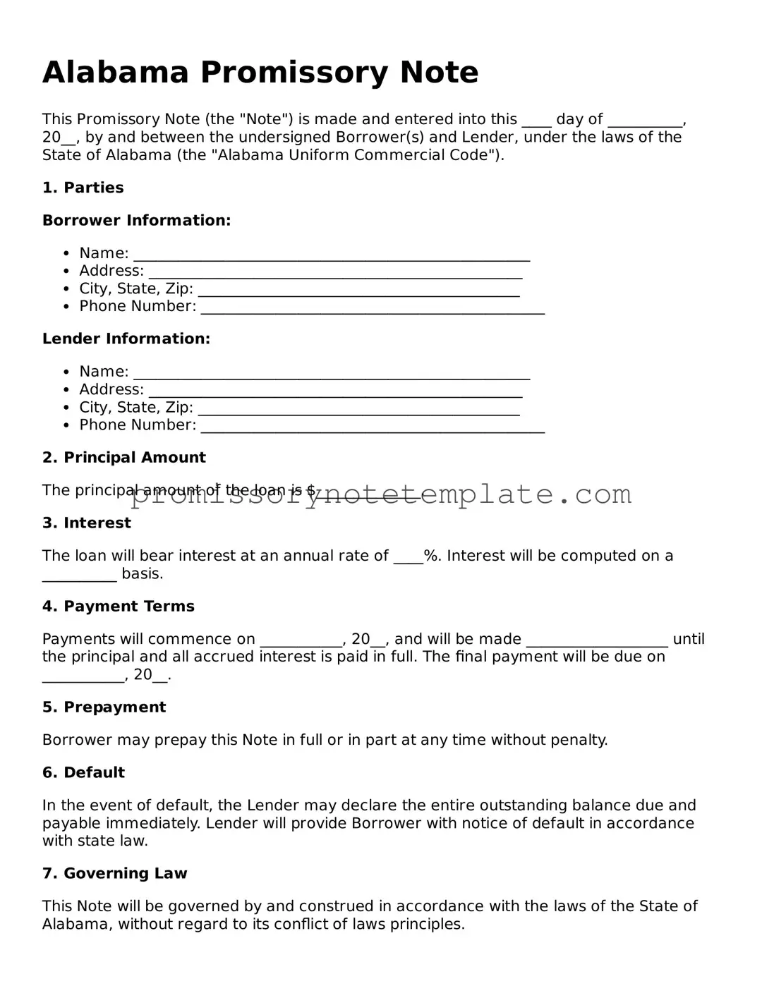 Free  Promissory Note Document for Alabama