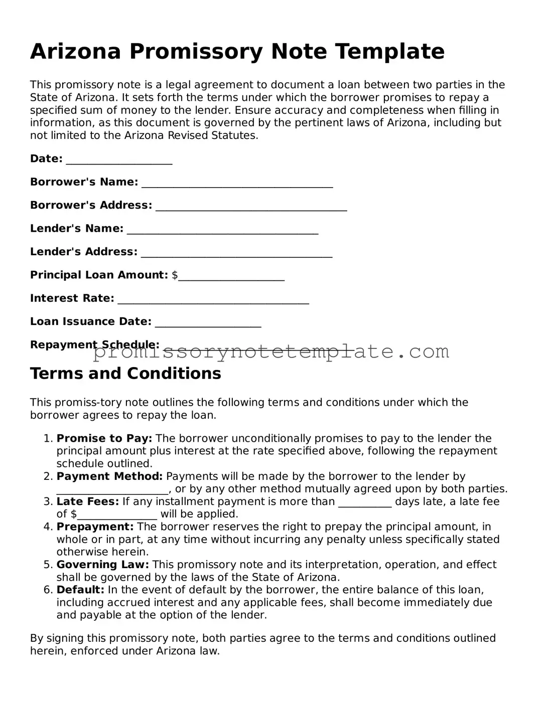 Free  Promissory Note Document for Arizona