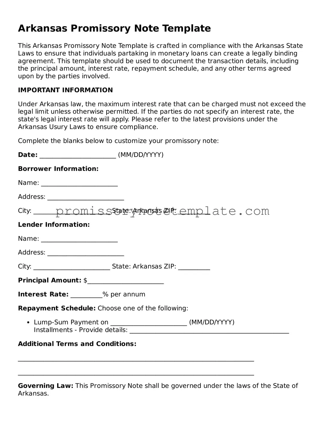 Free  Promissory Note Document for Arkansas