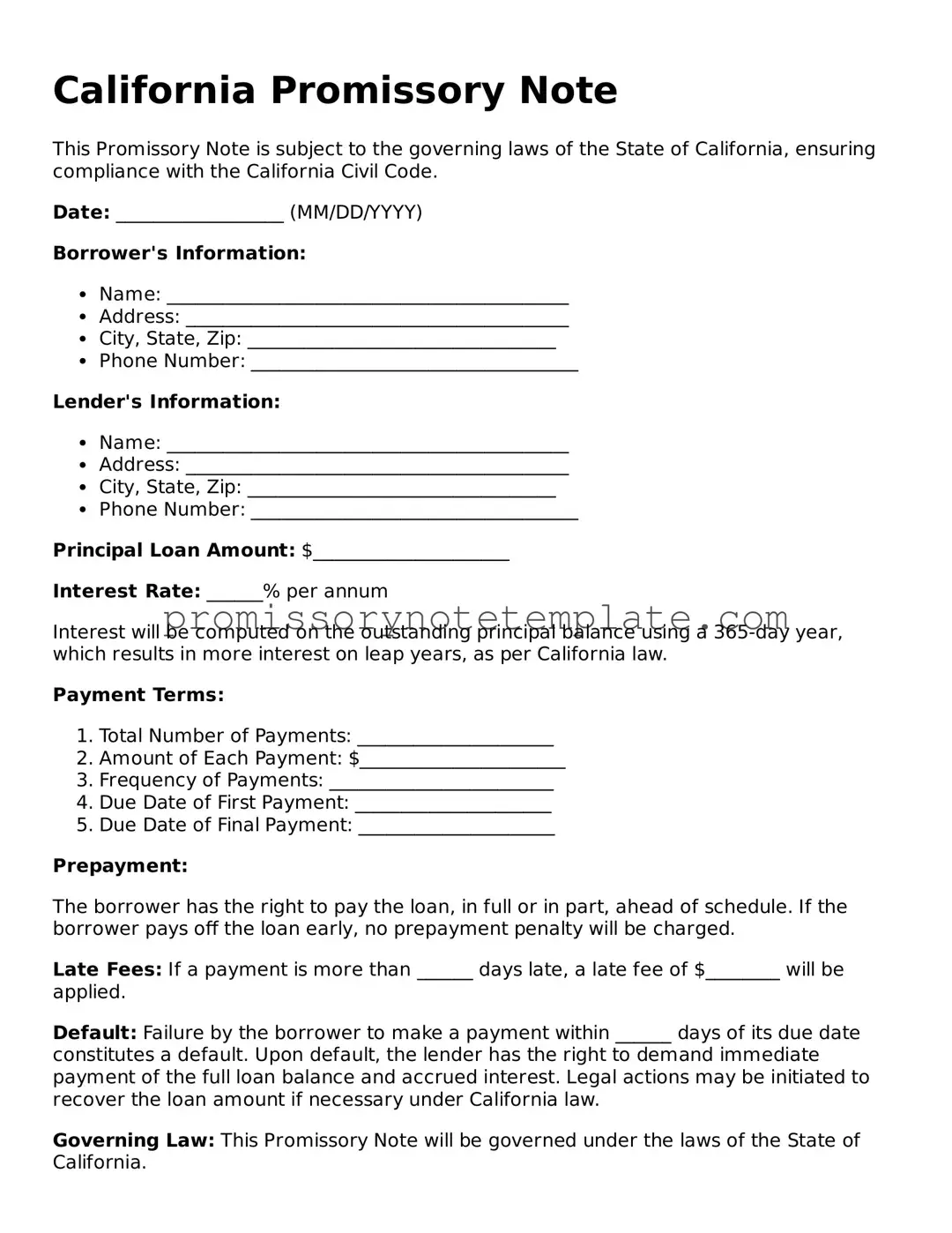Free  Promissory Note Document for California