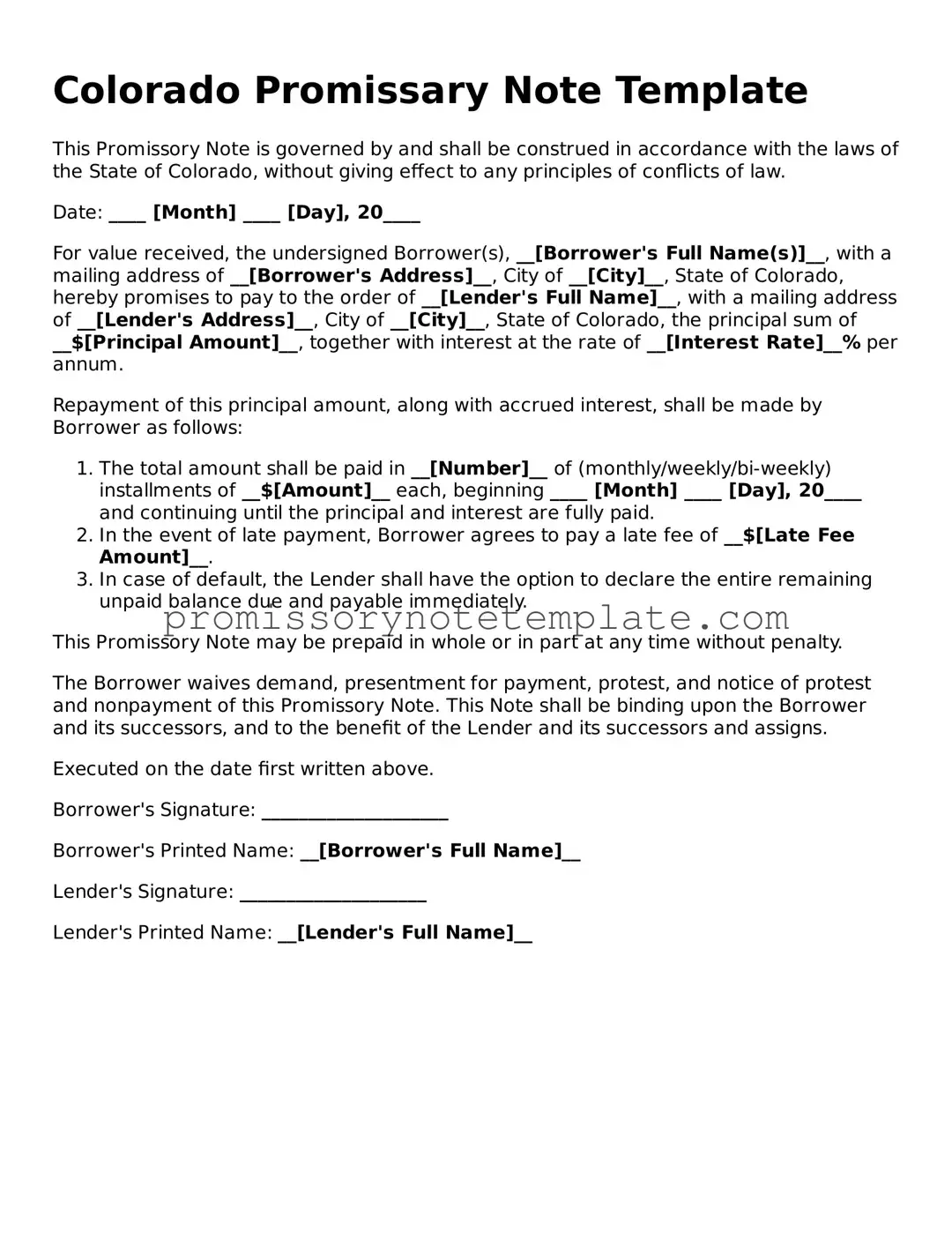 Free  Promissory Note Document for Colorado