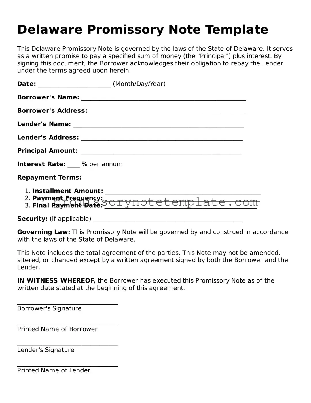 Free  Promissory Note Document for Delaware