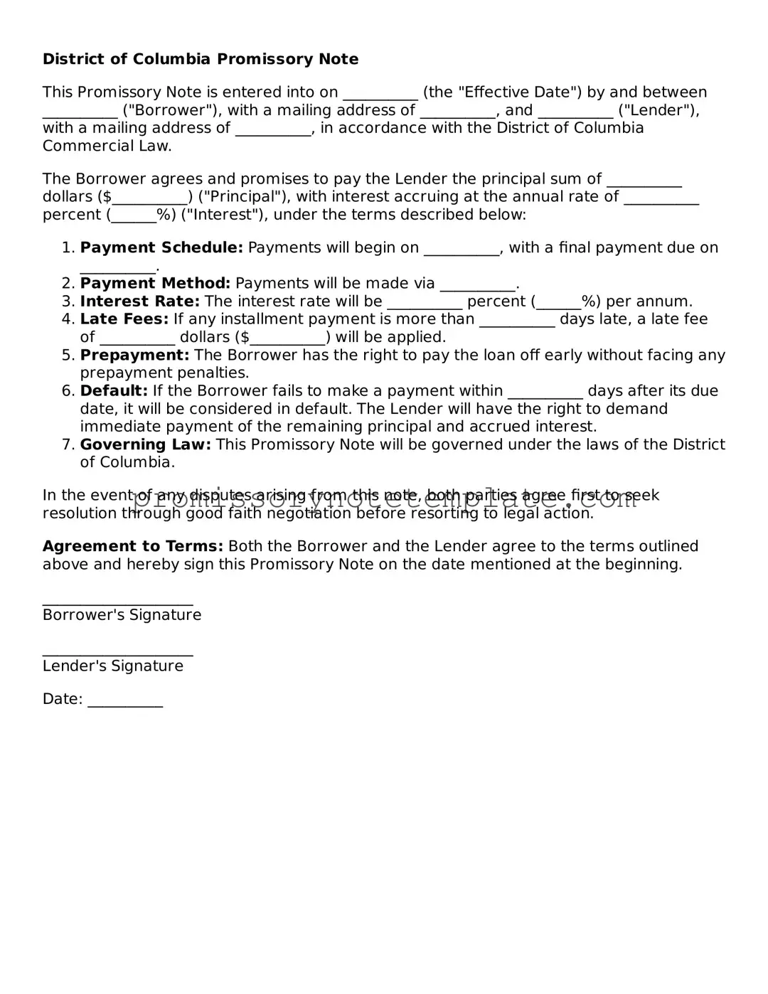 Free  Promissory Note Document for District of Columbia