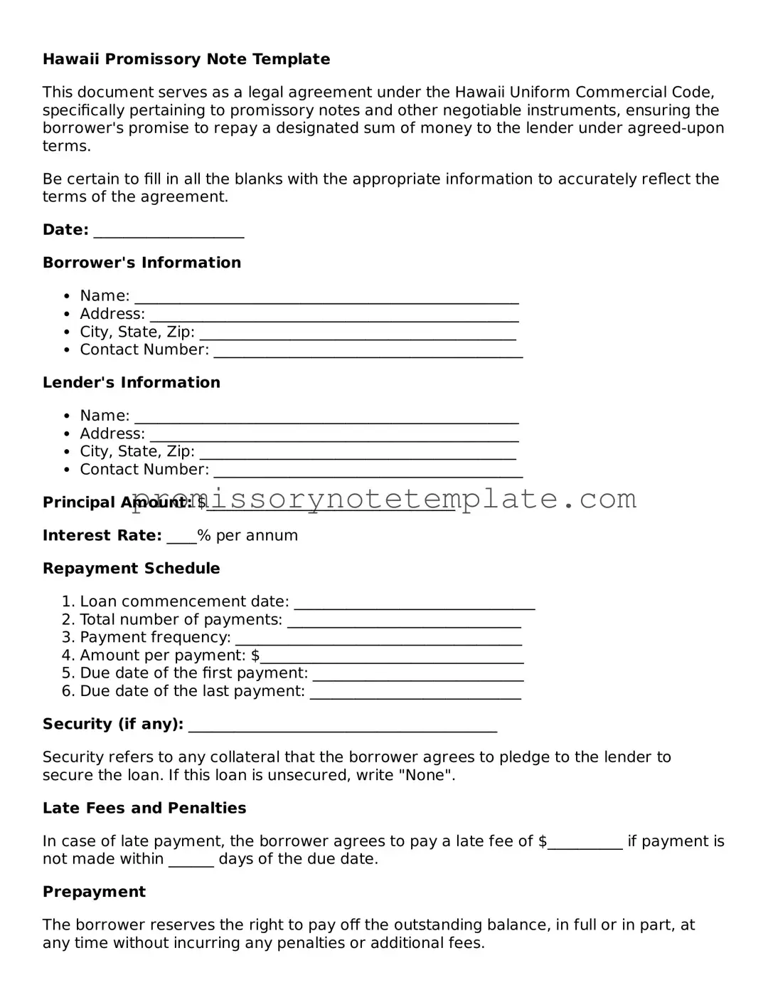 Free  Promissory Note Document for Hawaii