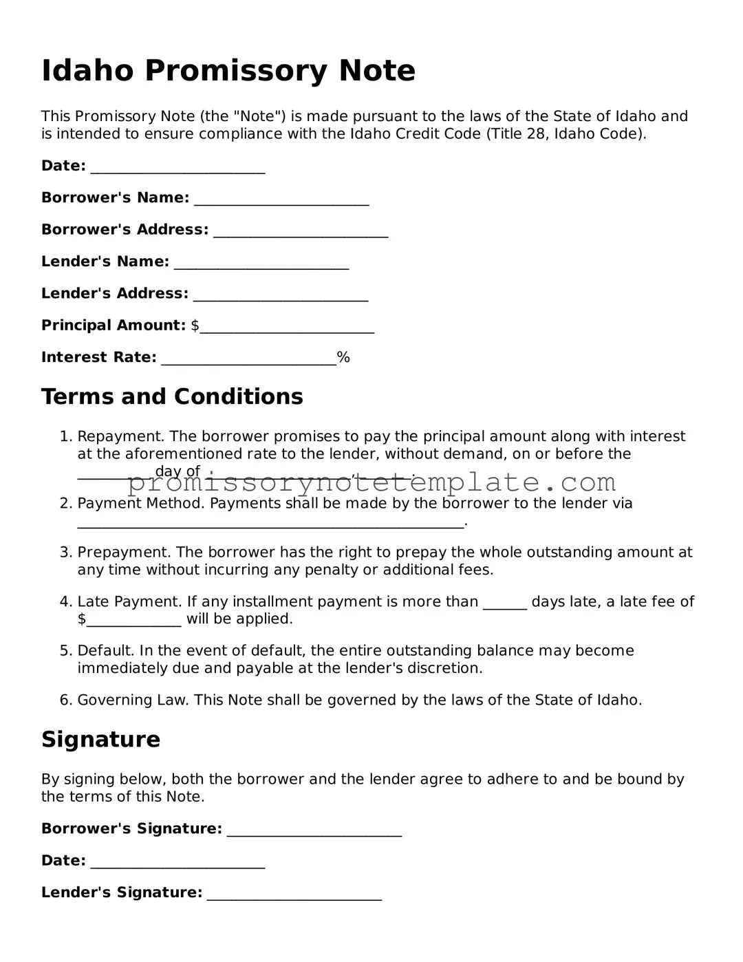 Free  Promissory Note Document for Idaho