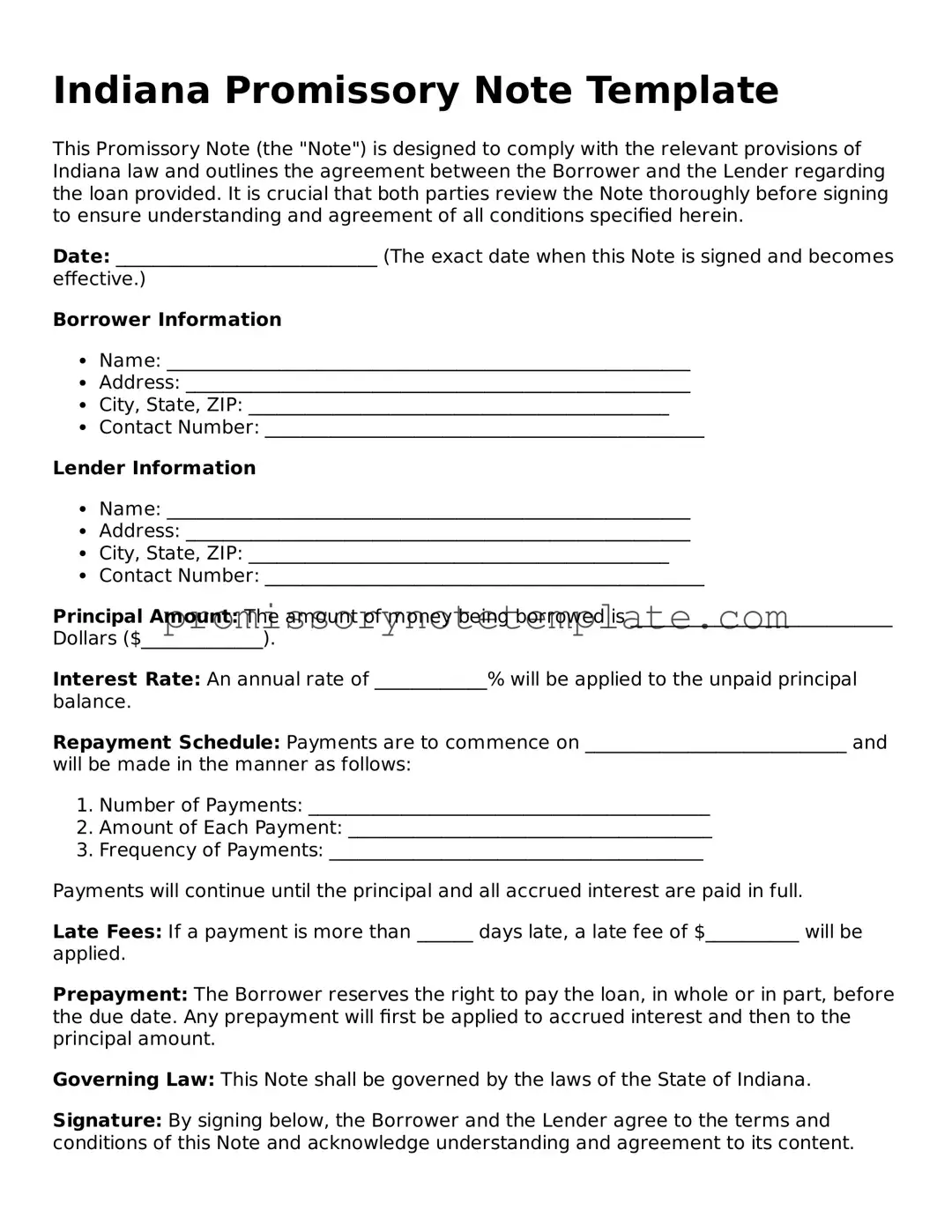 Free  Promissory Note Document for Indiana