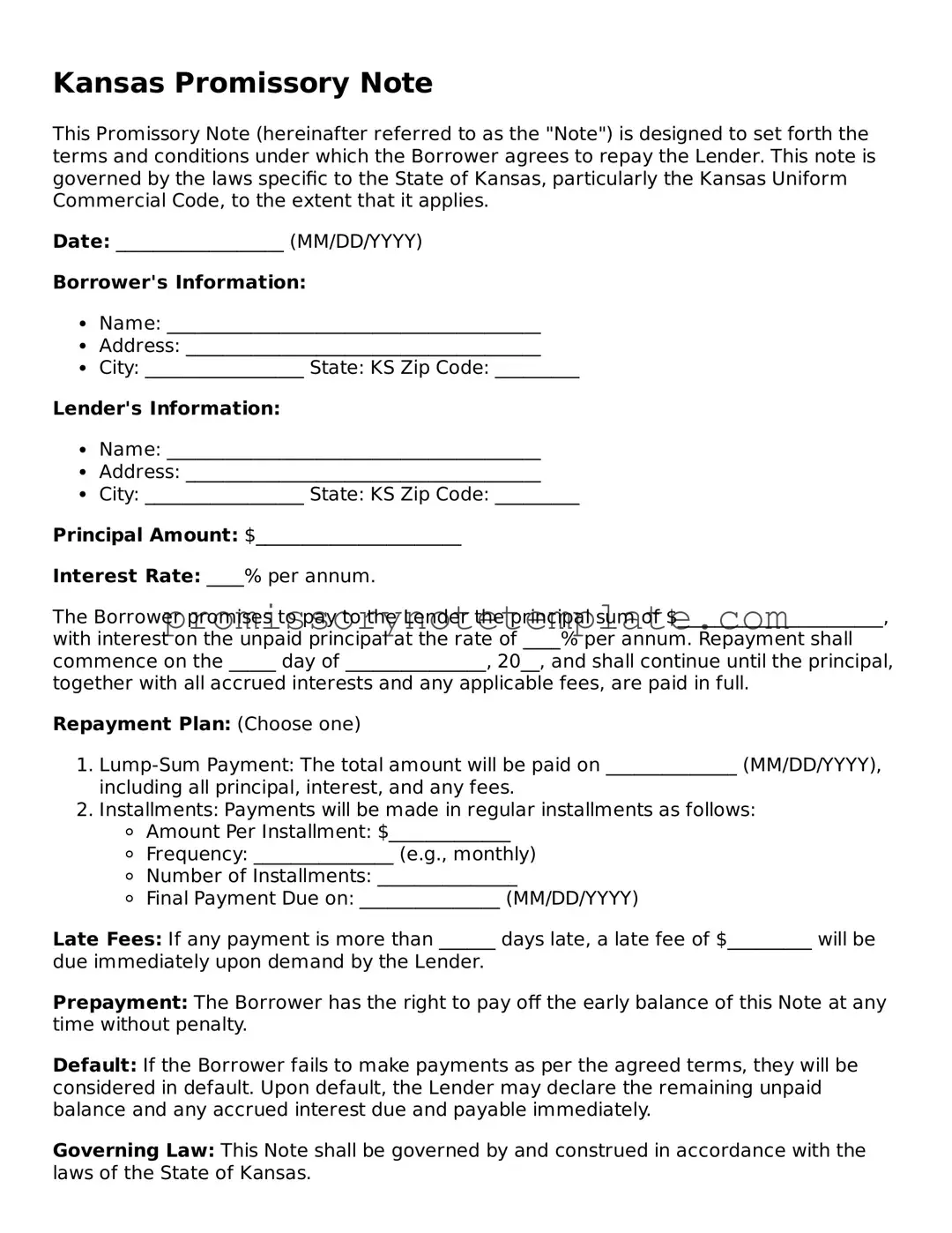 Free  Promissory Note Document for Kansas