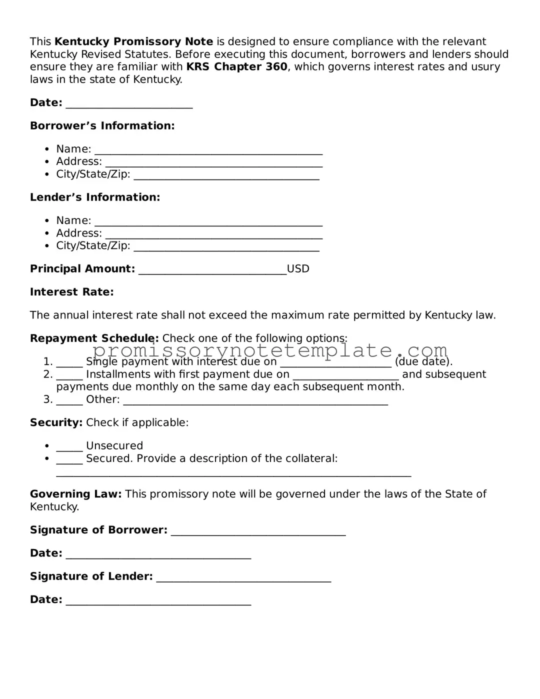 Free  Promissory Note Document for Kentucky