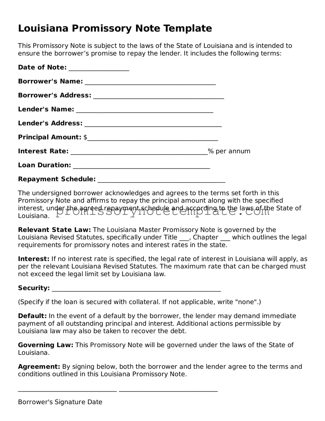 Free  Promissory Note Document for Louisiana