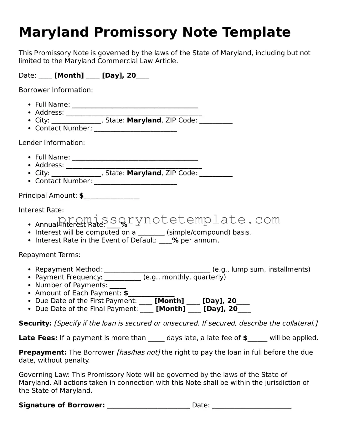 Free  Promissory Note Document for Maryland