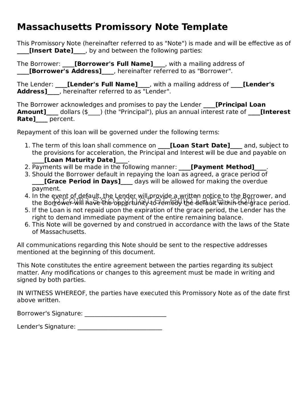Free  Promissory Note Document for Massachusetts