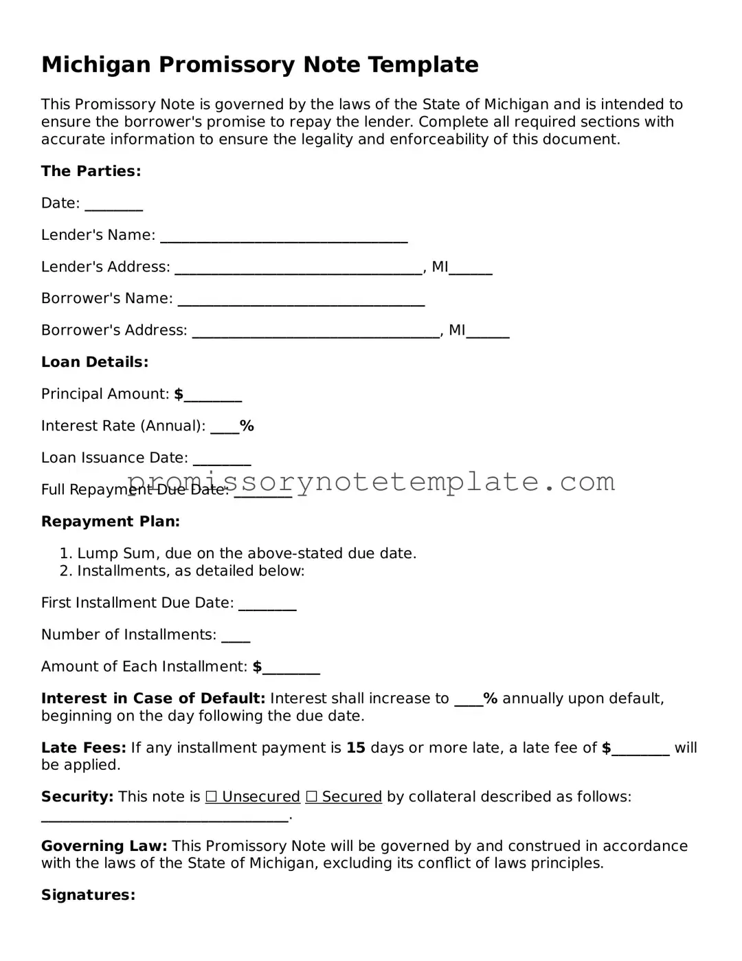 Free  Promissory Note Document for Michigan