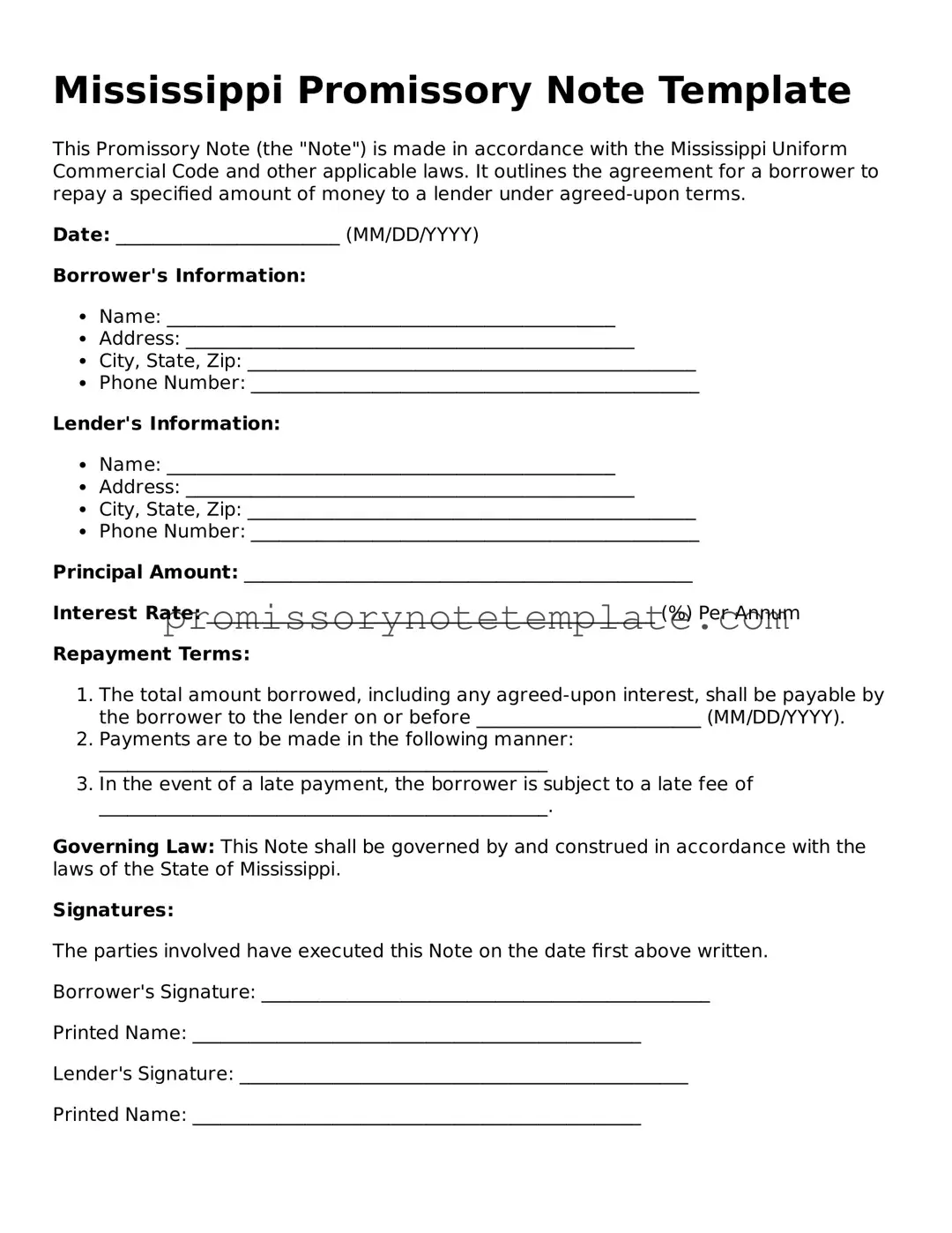 Free  Promissory Note Document for Mississippi