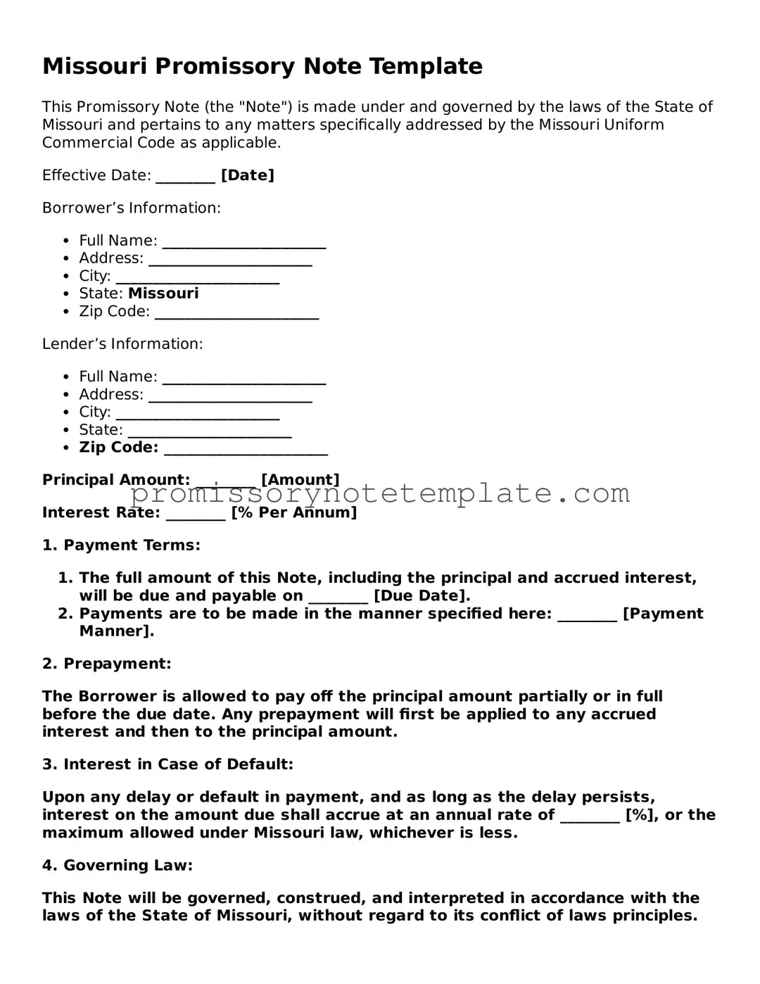 Free  Promissory Note Document for Missouri