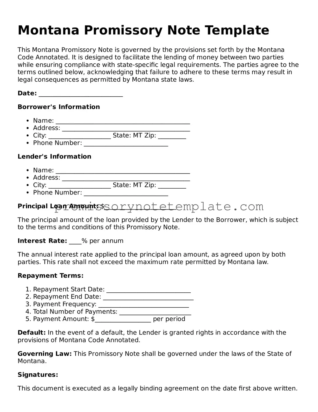 Free  Promissory Note Document for Montana
