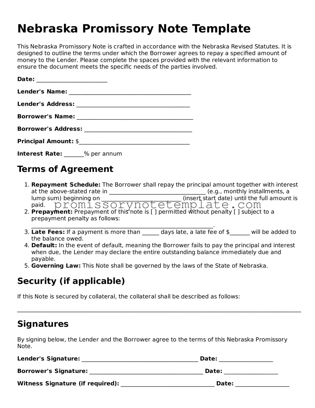 Free  Promissory Note Document for Nebraska