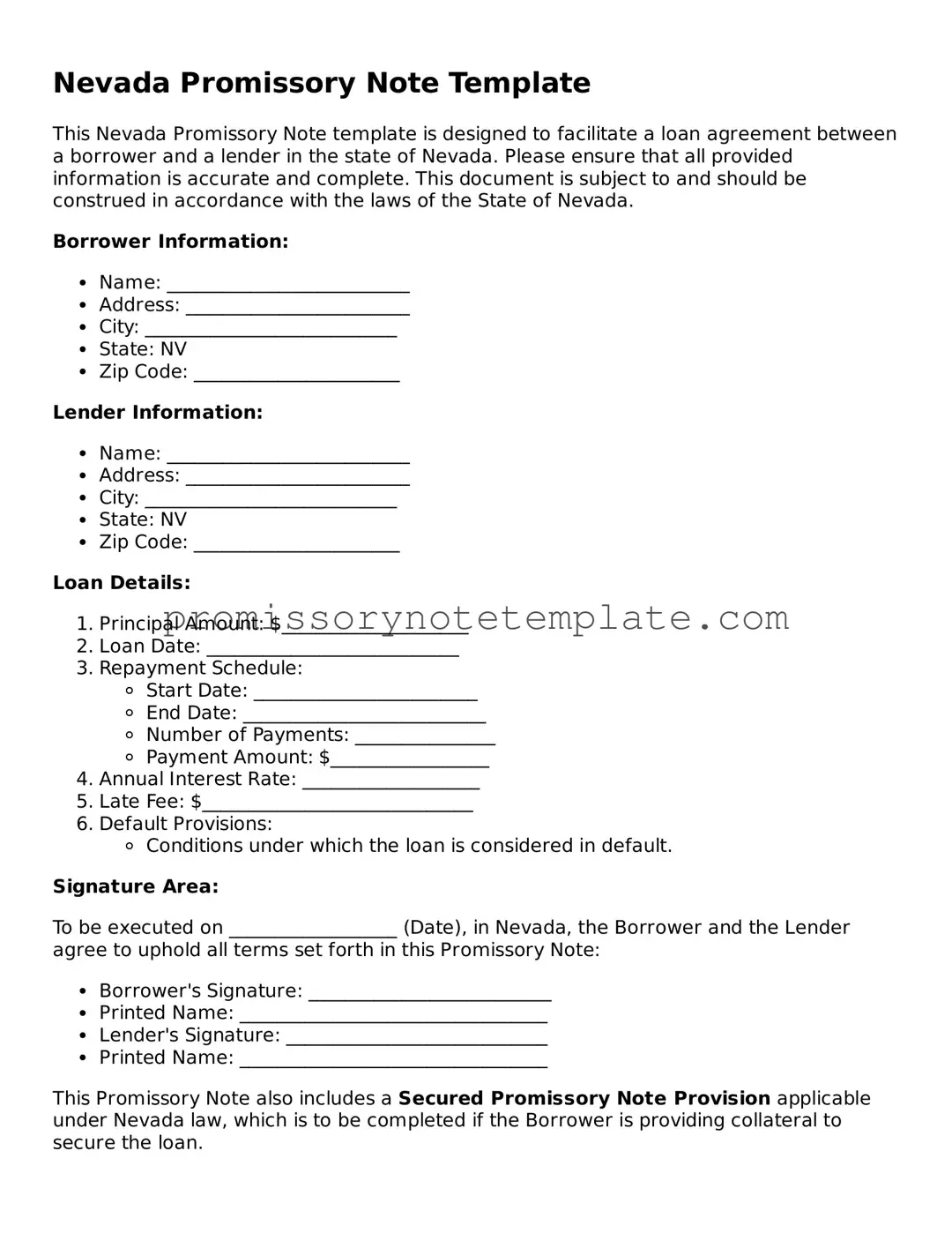Free  Promissory Note Document for Nevada