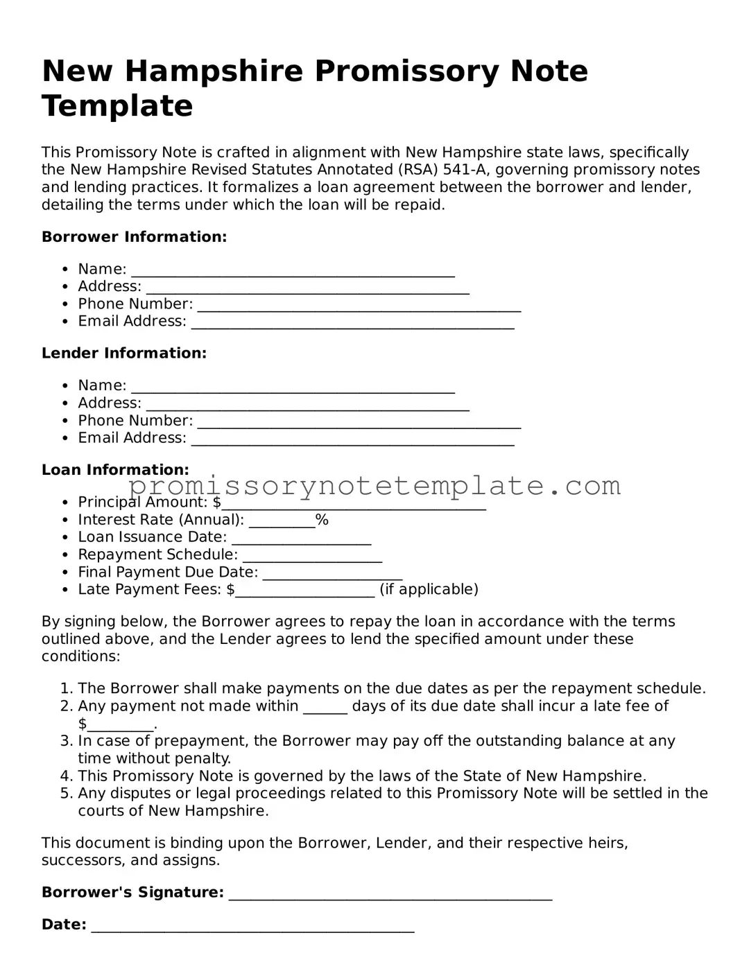 Free  Promissory Note Document for New Hampshire