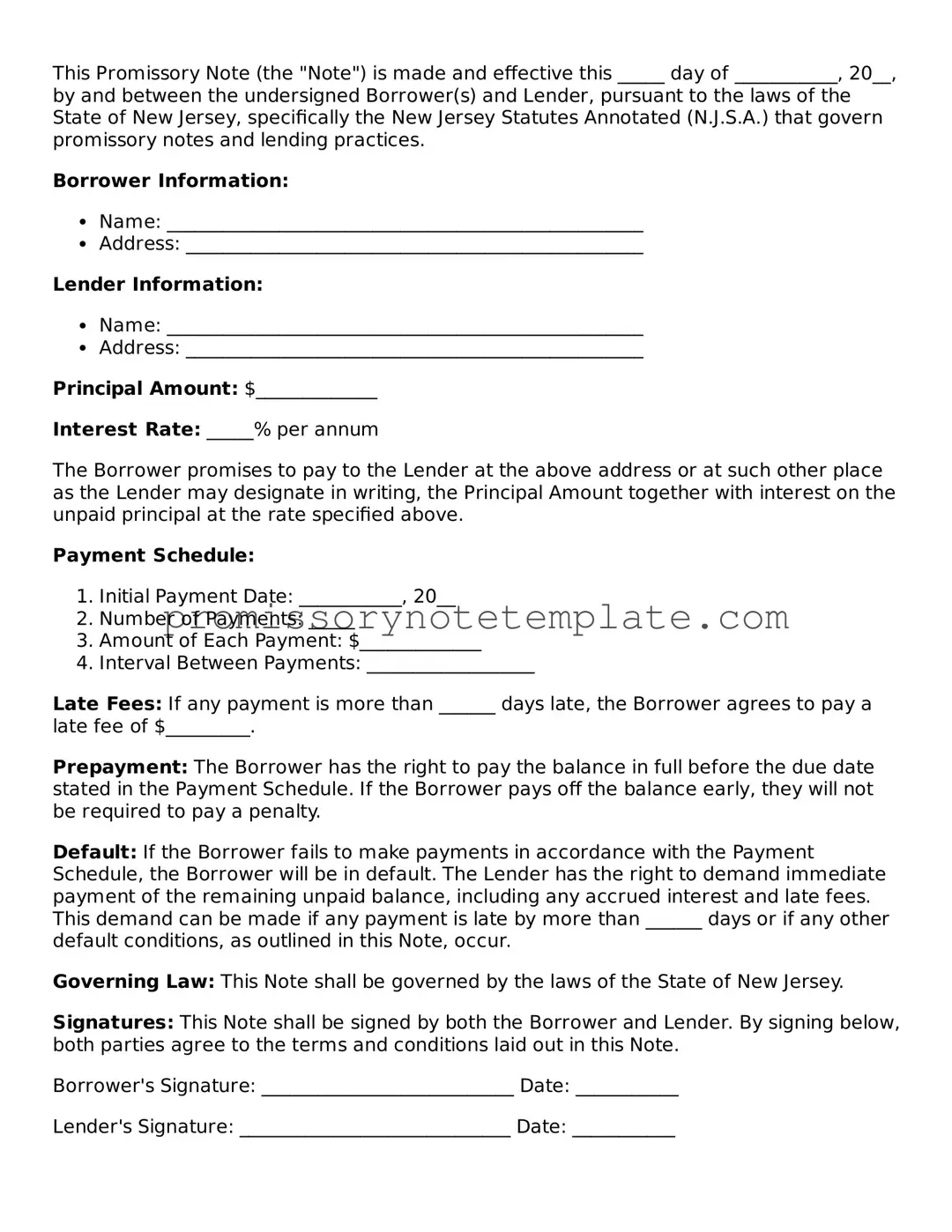 Free  Promissory Note Document for New Jersey