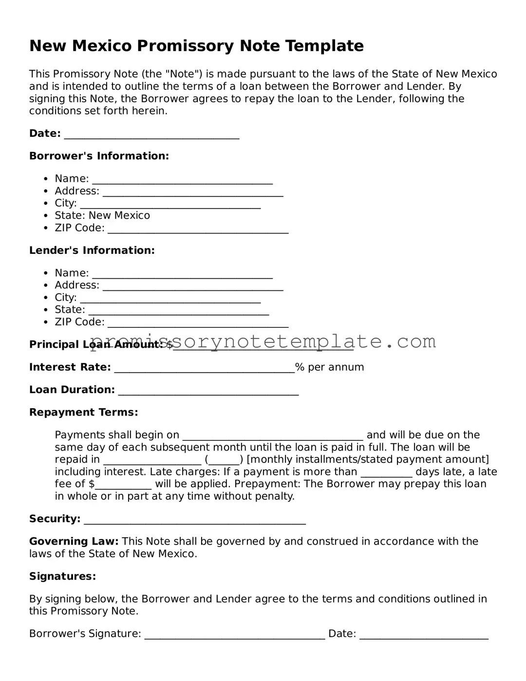 Free  Promissory Note Document for New Mexico