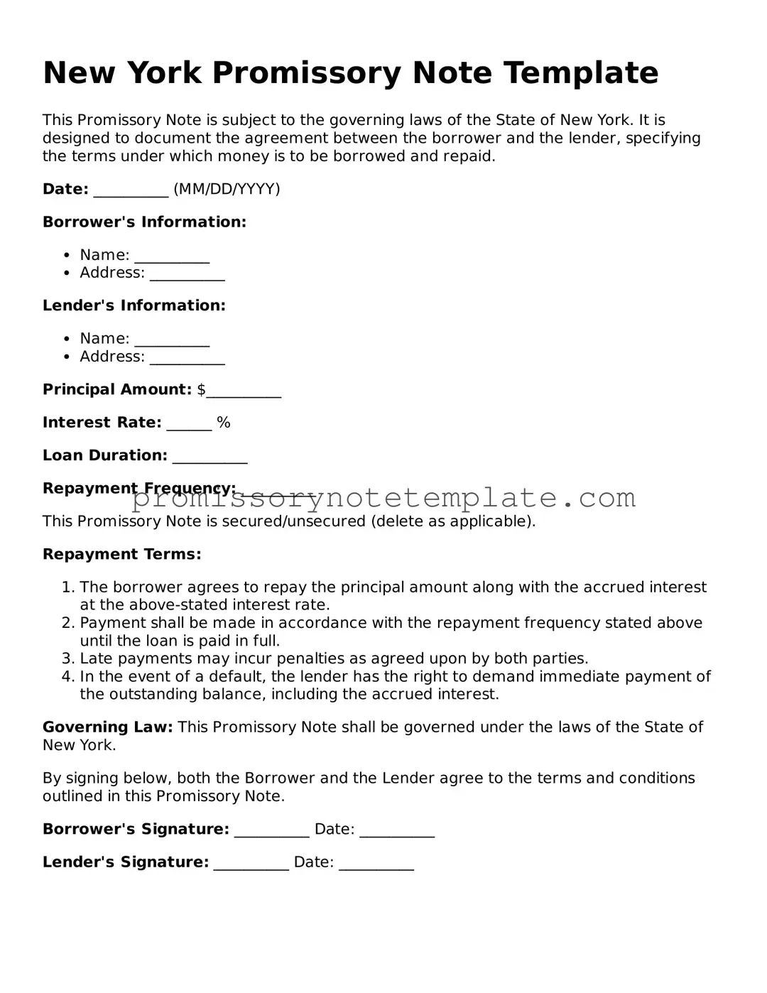 Free  Promissory Note Document for New York