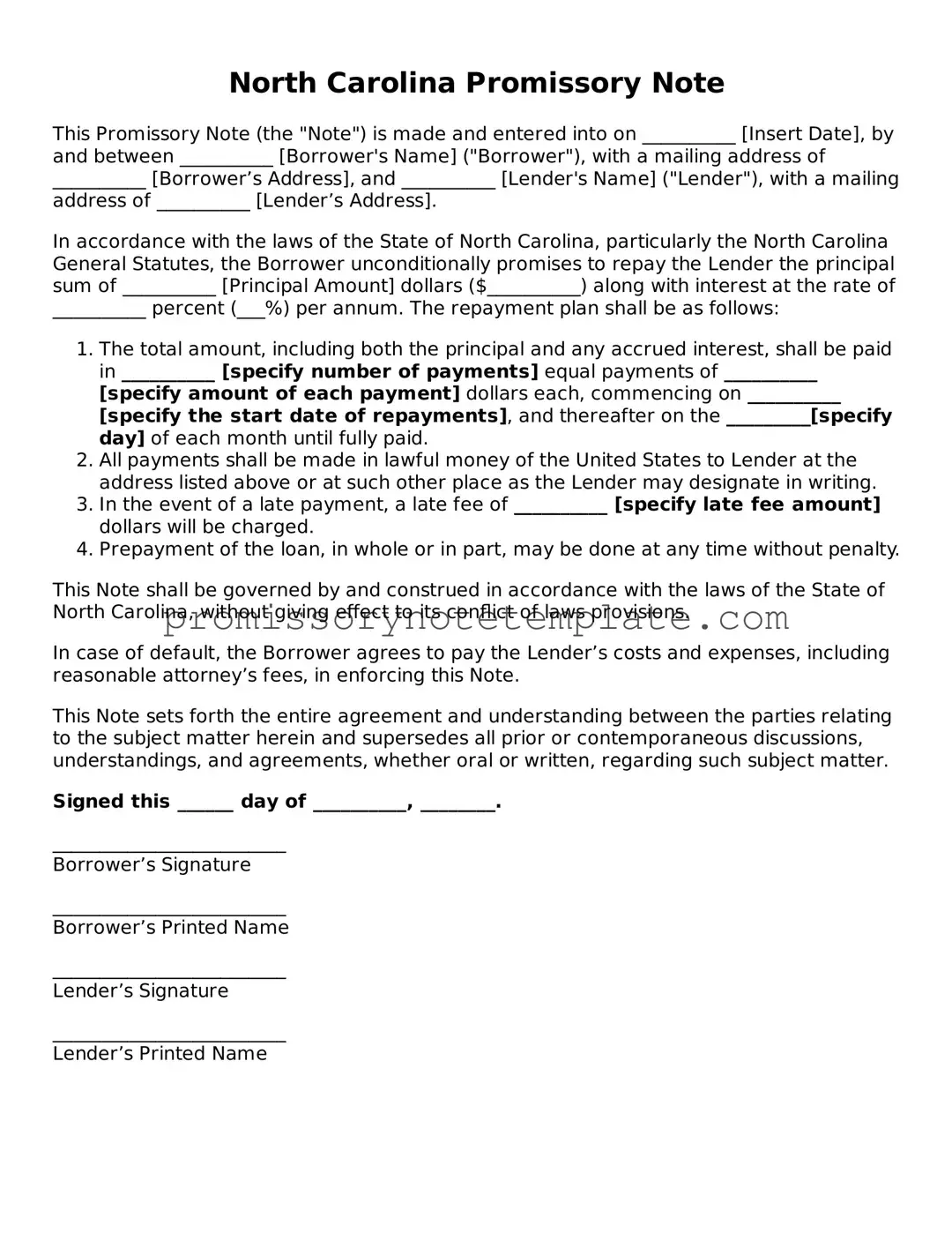 Free  Promissory Note Document for North Carolina