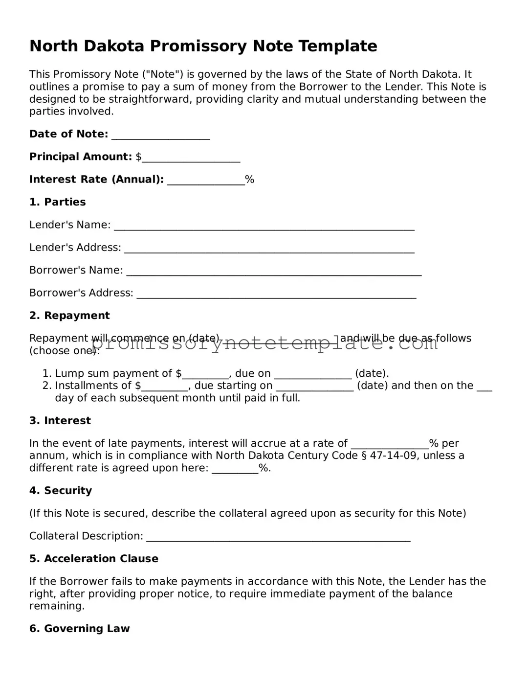 Free  Promissory Note Document for North Dakota