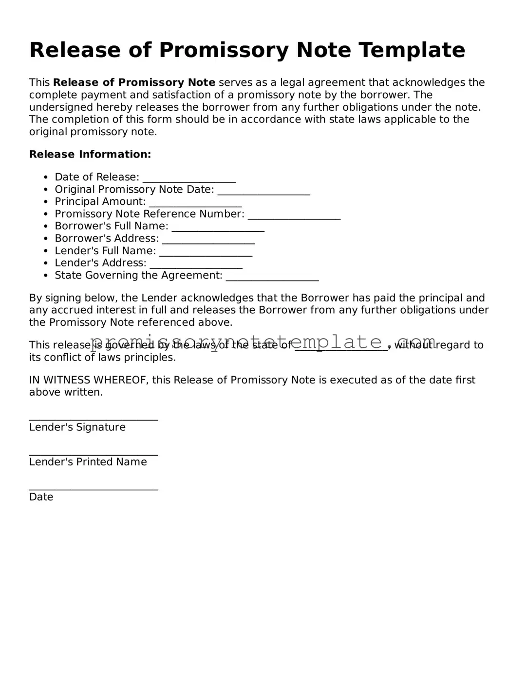 Fillable Release of Promissory Note Document