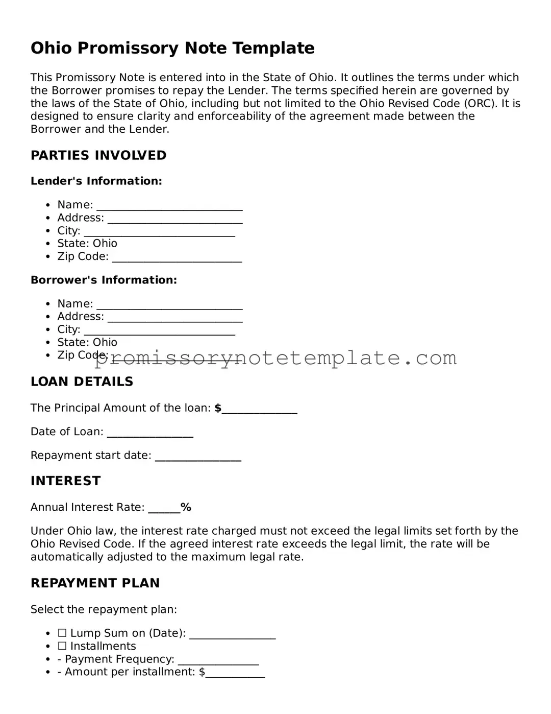 Free  Promissory Note Document for Ohio