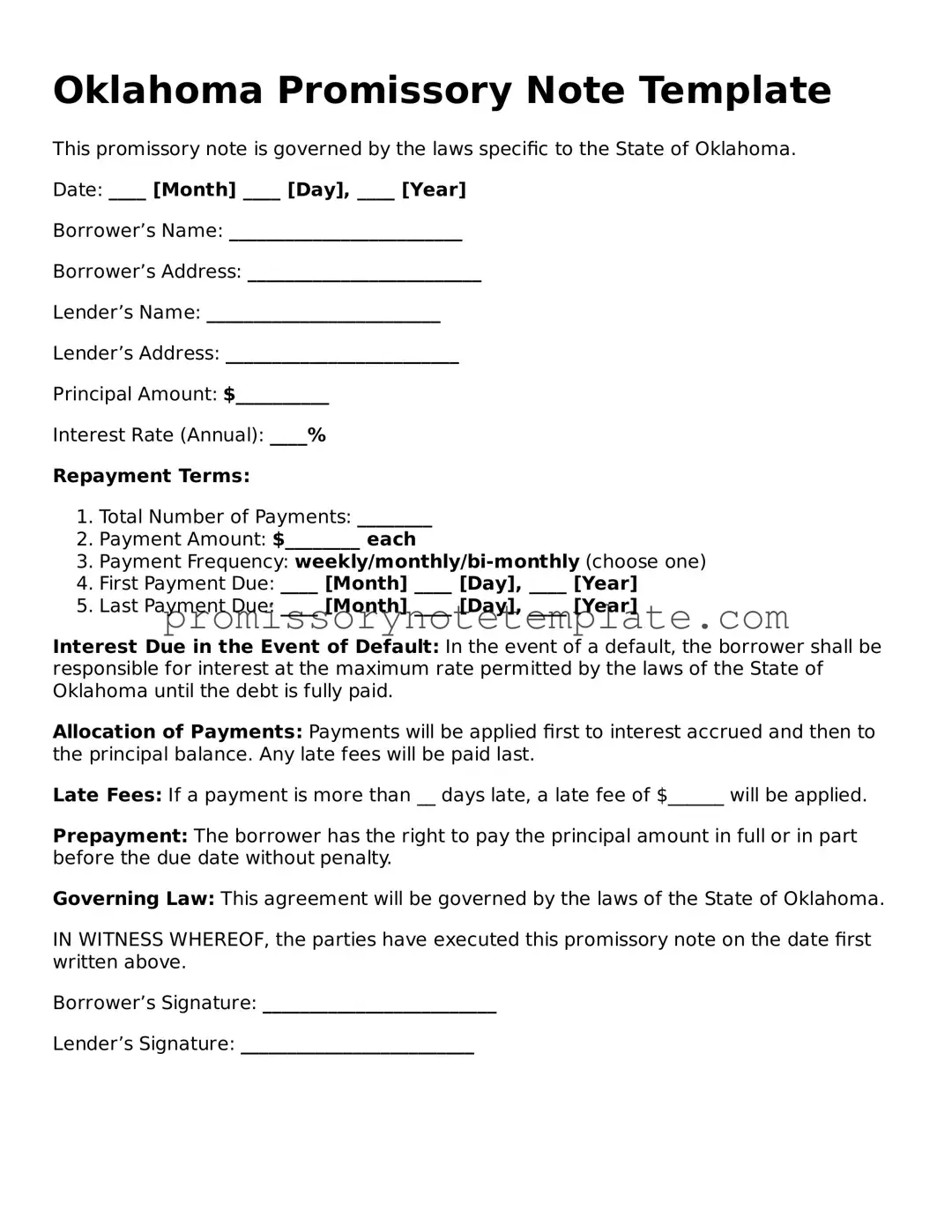 Free  Promissory Note Document for Oklahoma