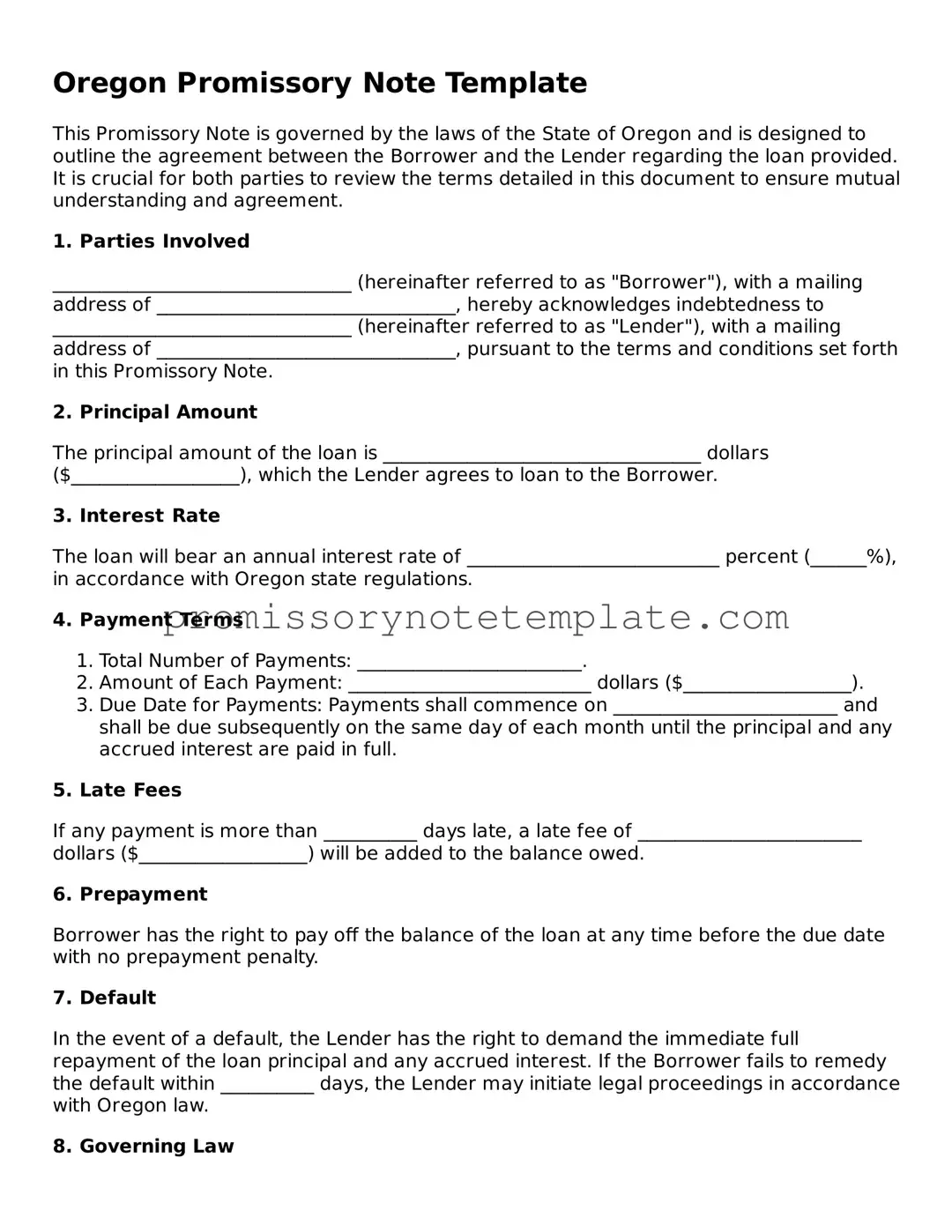 Free  Promissory Note Document for Oregon