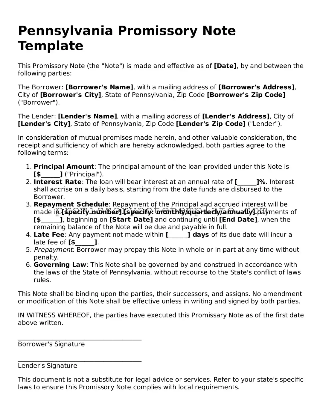 Free  Promissory Note Document for Pennsylvania