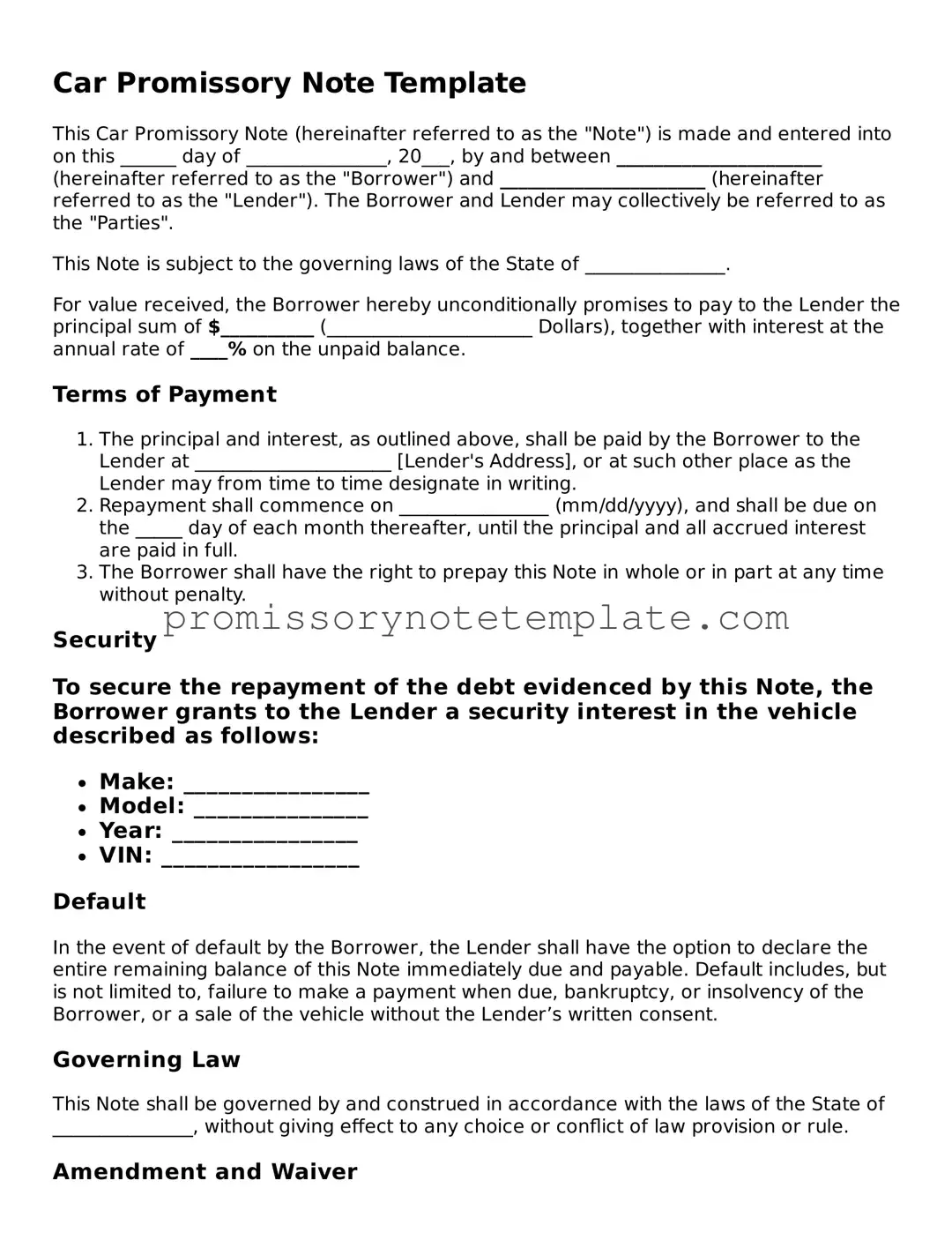 Fillable Promissory Note for a Car Document