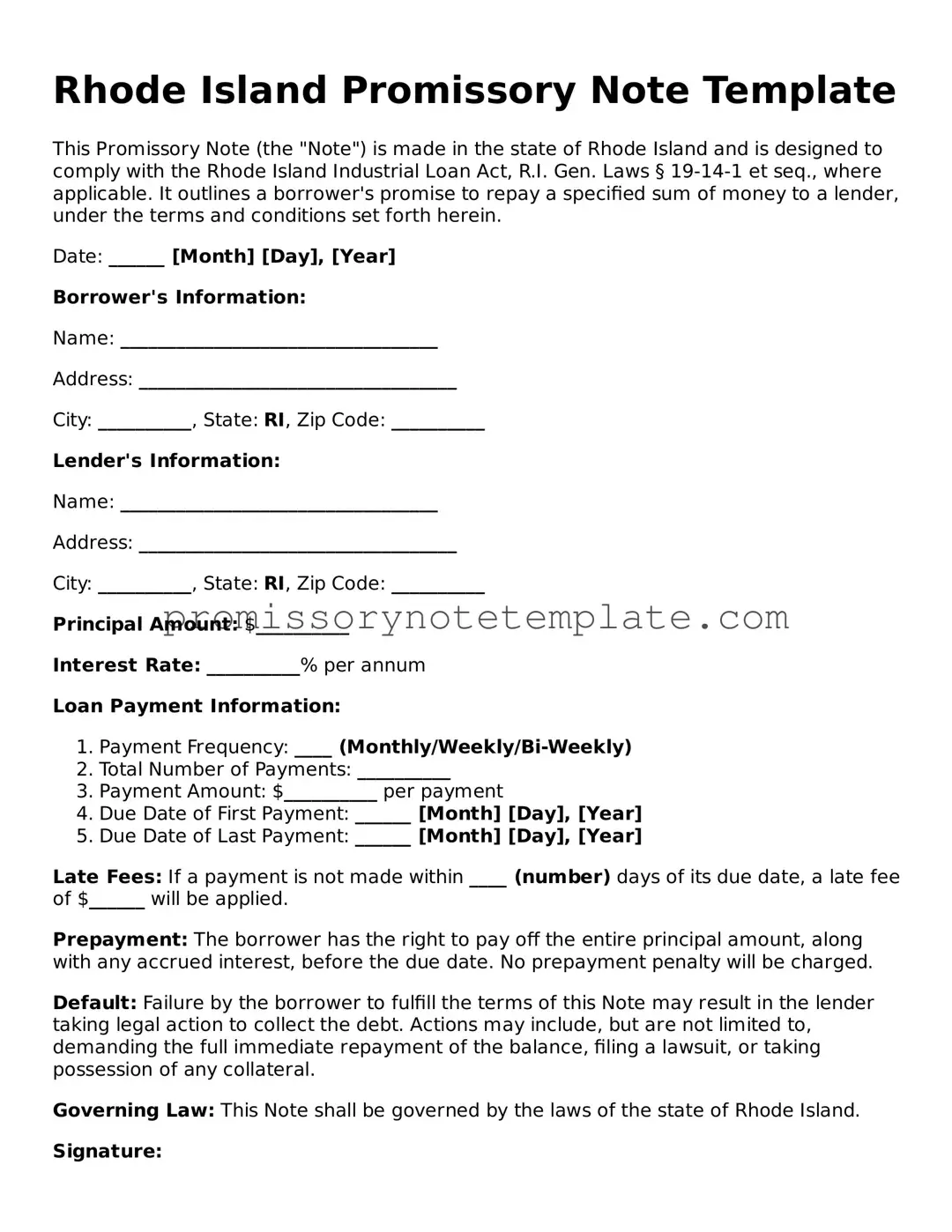 Free  Promissory Note Document for Rhode Island