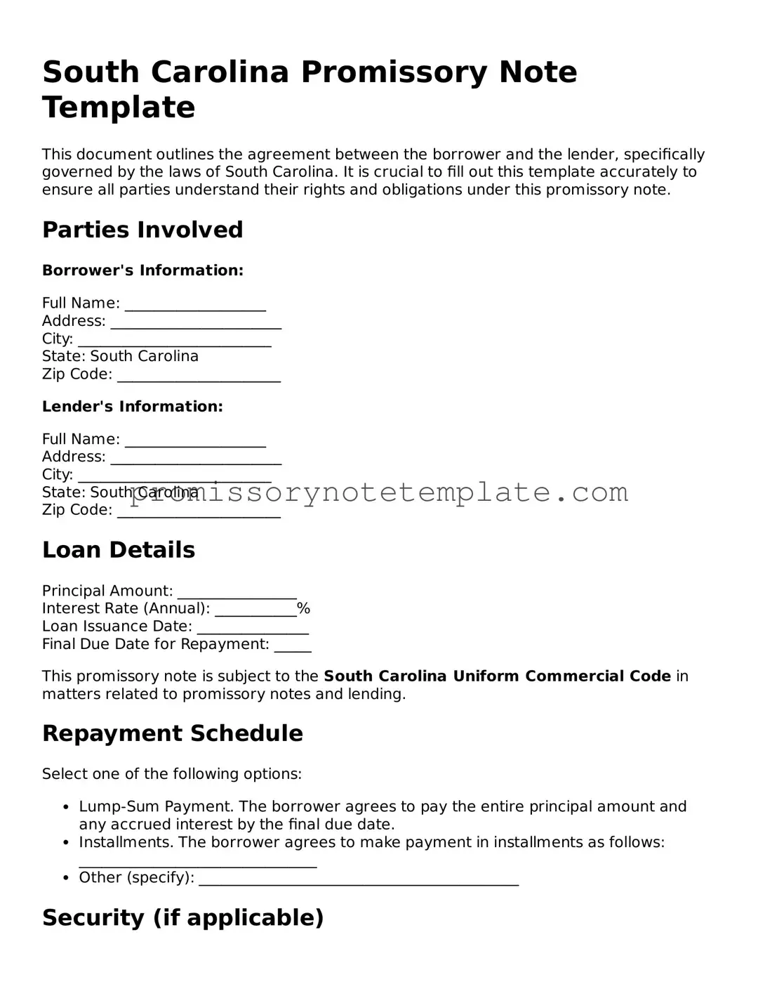 Free  Promissory Note Document for South Carolina