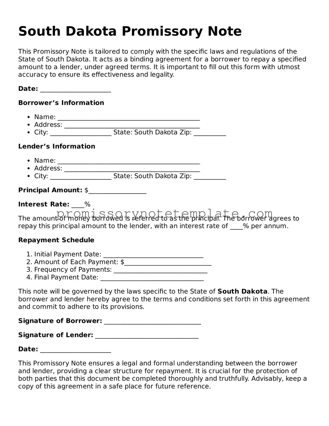 Free  Promissory Note Document for South Dakota