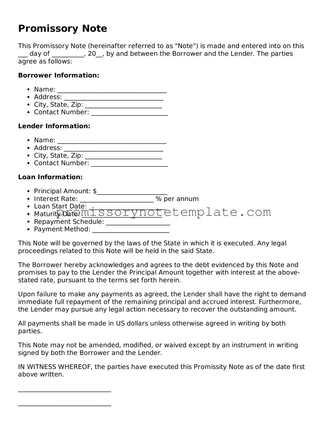 Fillable Promissory Note Document