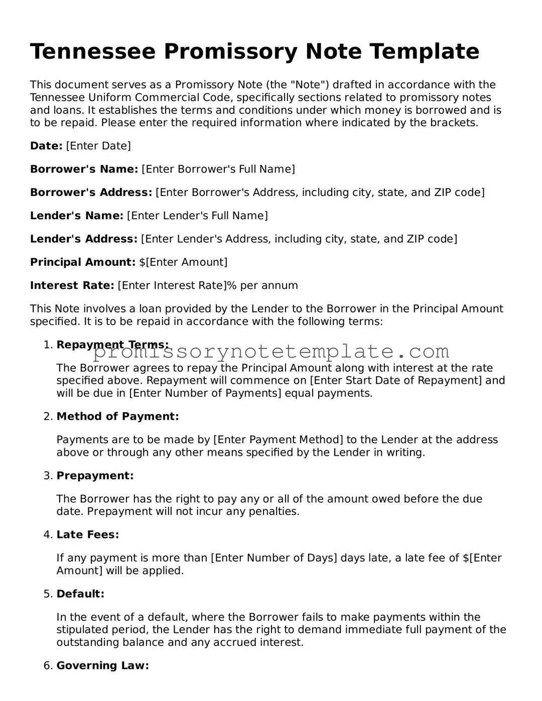 Free  Promissory Note Document for Tennessee