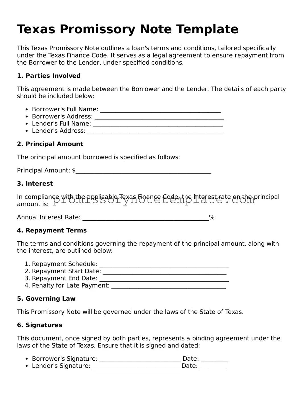 Free  Promissory Note Document for Texas