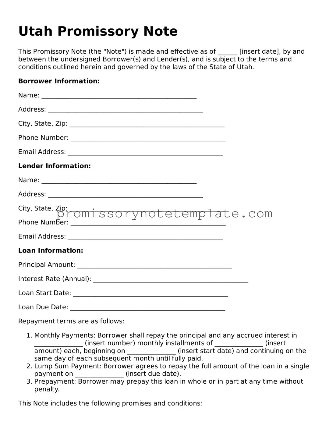Free  Promissory Note Document for Utah
