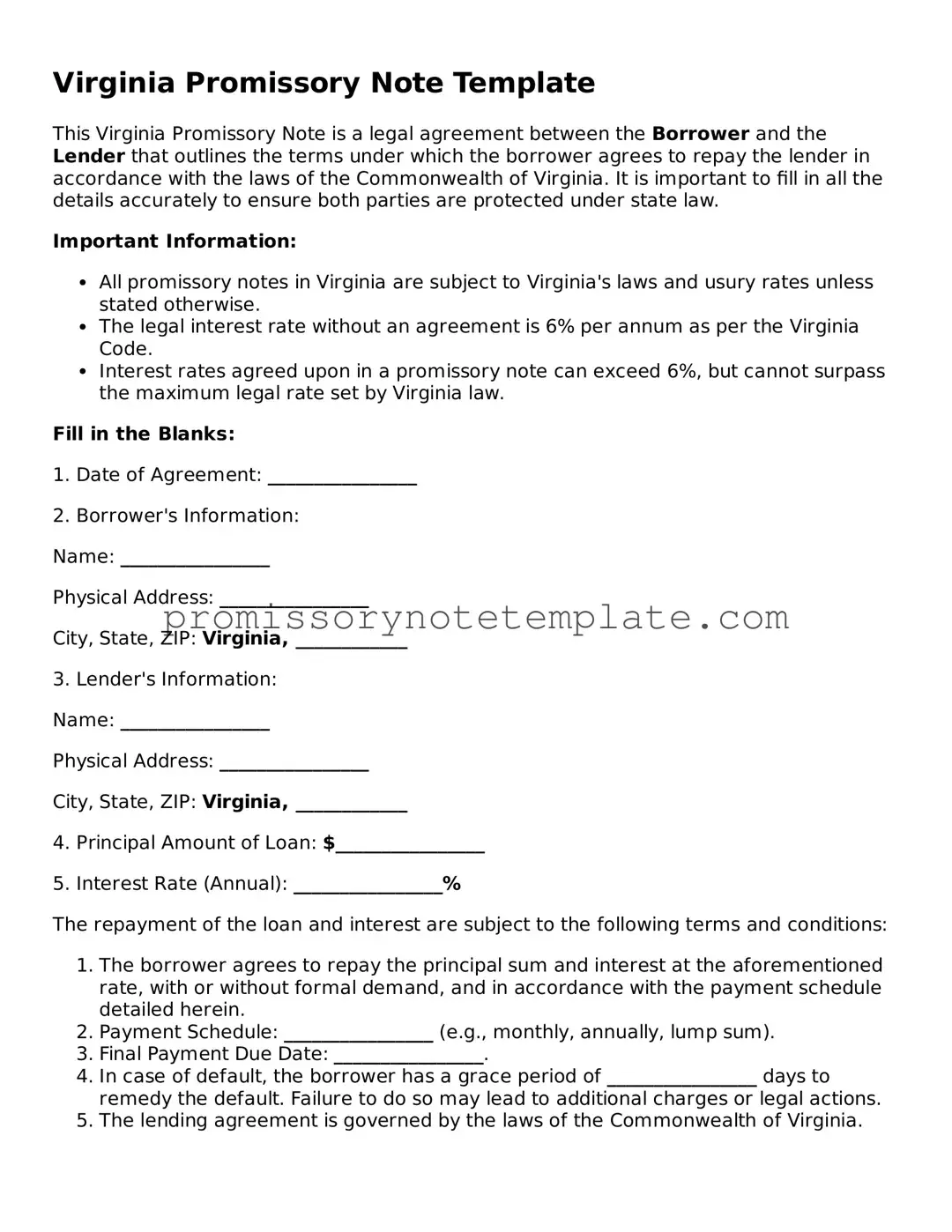 Free  Promissory Note Document for Virginia