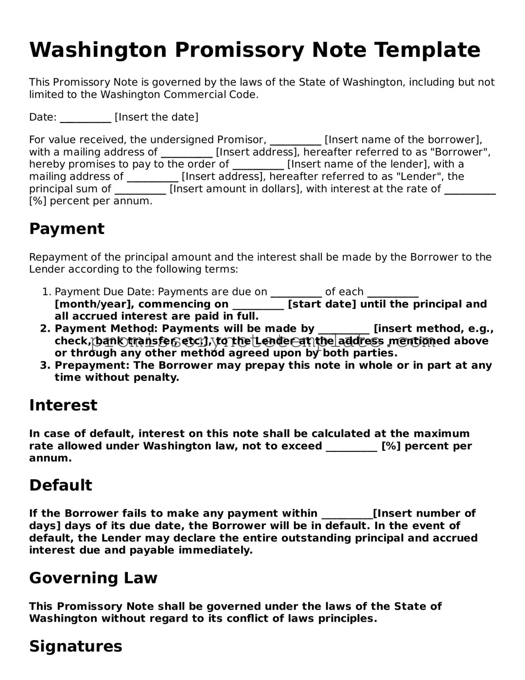 Free  Promissory Note Document for Washington