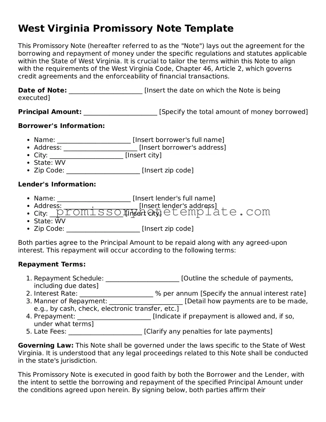 Free  Promissory Note Document for West Virginia