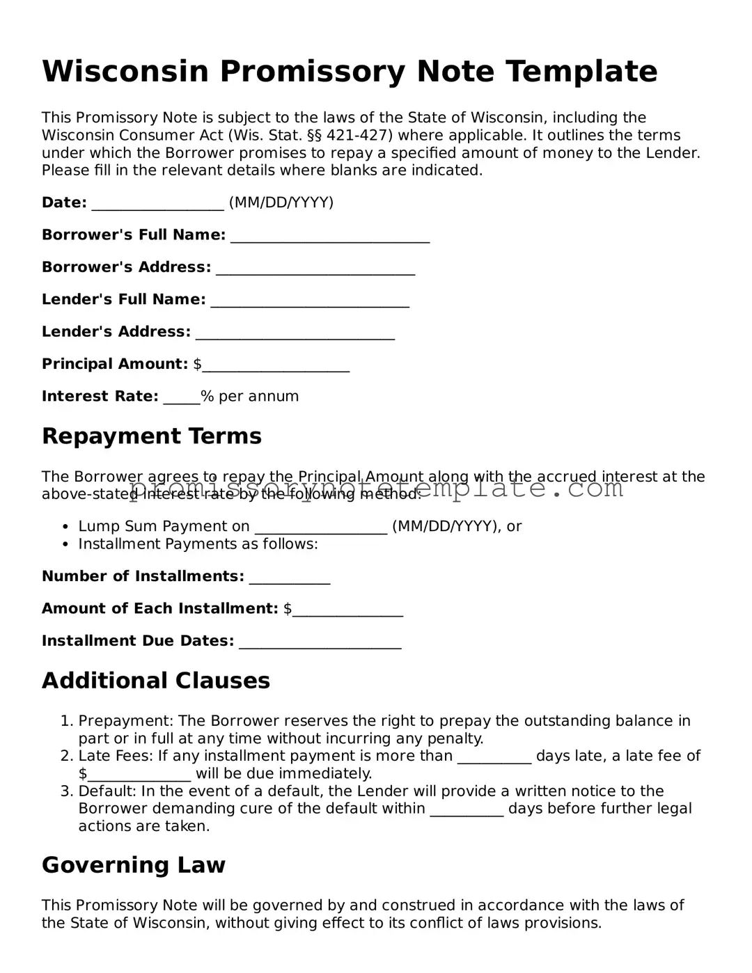 Free  Promissory Note Document for Wisconsin